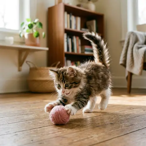 Adorable Fluffy Kitten Pouncing on Pink Ball