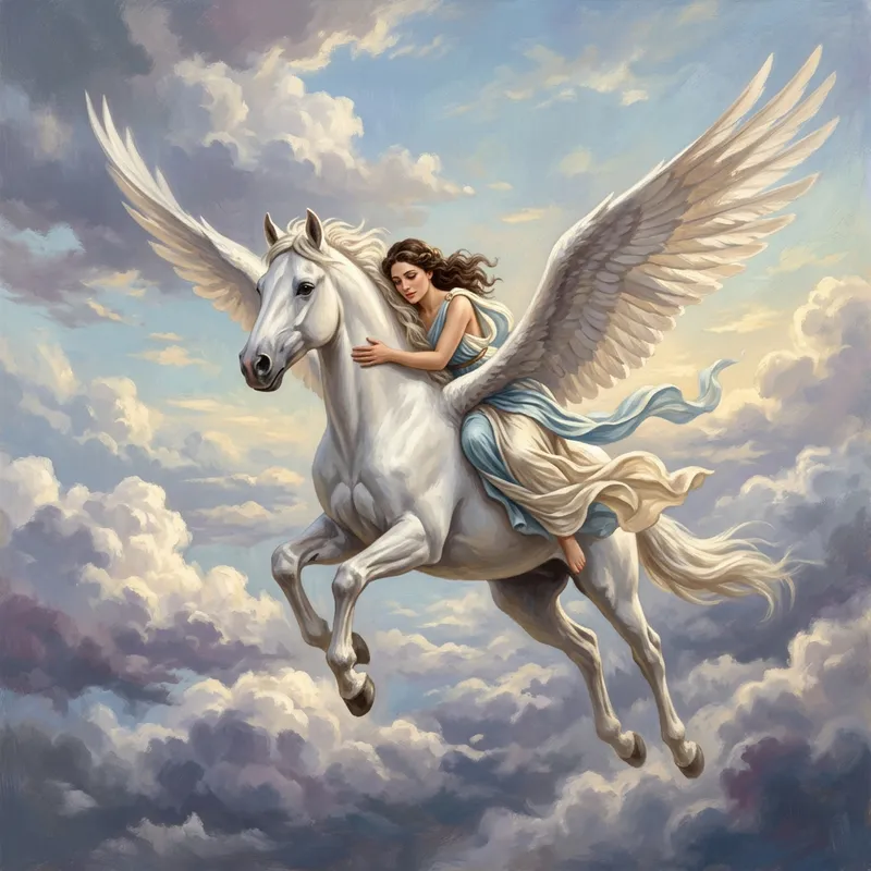Majestic Flying Pegasus Rescues Woman in Draped Garb Majestic Flying Pegasus Rescues Woman in Draped Garb