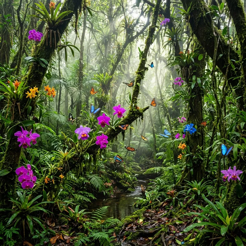 Colorful Orchids and Butterflies in a Vibrant Jungle Setting