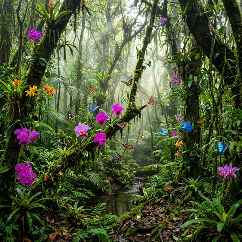 Lush Jungle Landscape with Vibrant Orchids and Butterflies
