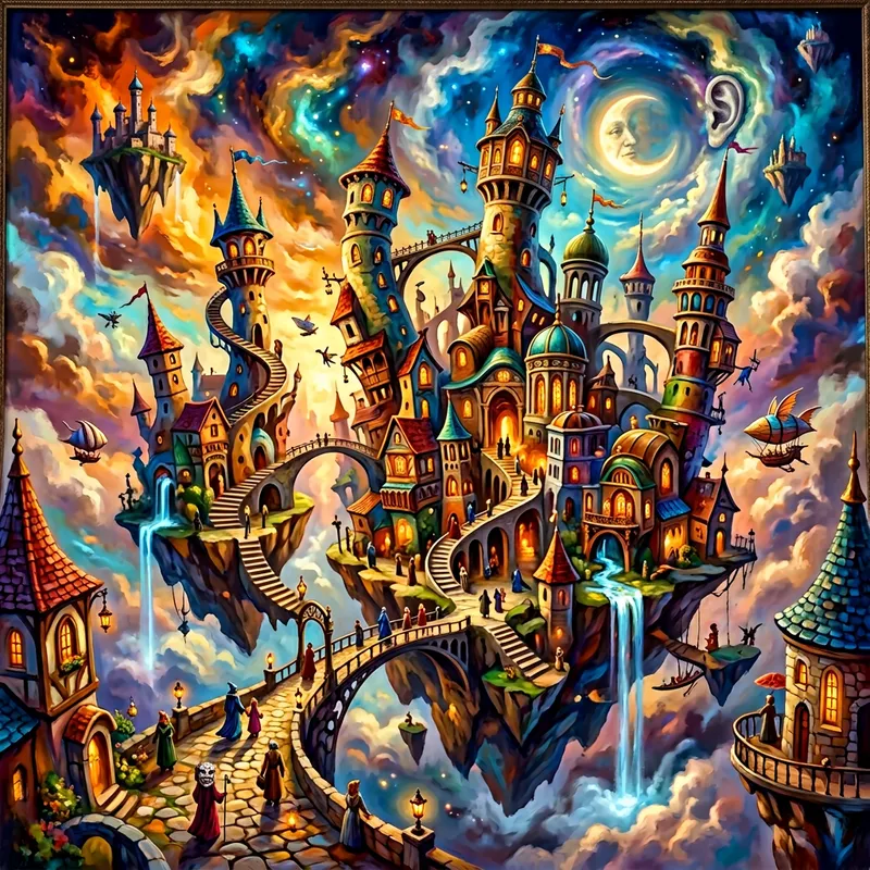 Surreal Floating City: Vibrant Dreamscapes & Distorted Architecture