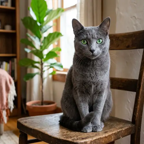 Intense Green-Eyed Domestic Cat on Vintage Chair