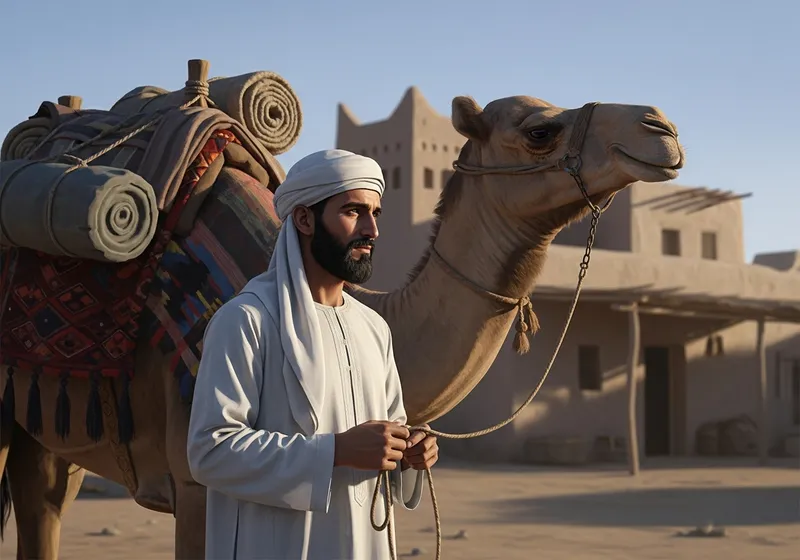 Man in Traditional Attire Preparing for Journey