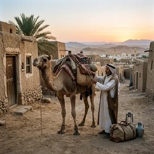 Man in Traditional Attire Preparing for Journey