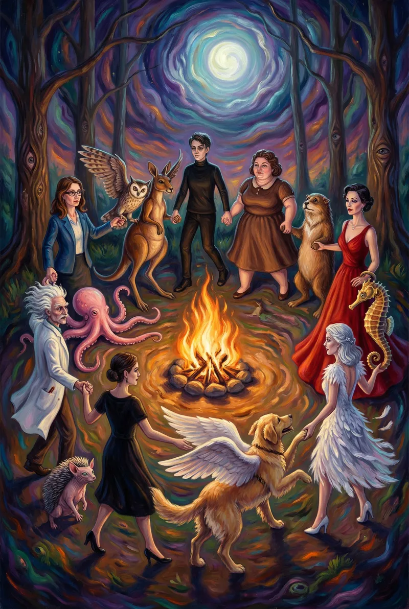 Surrealist Psychedelic Dance in Moonlit Forest