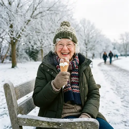 Joyful Grandmother Enjoying Ice Cream in Frosty Weather