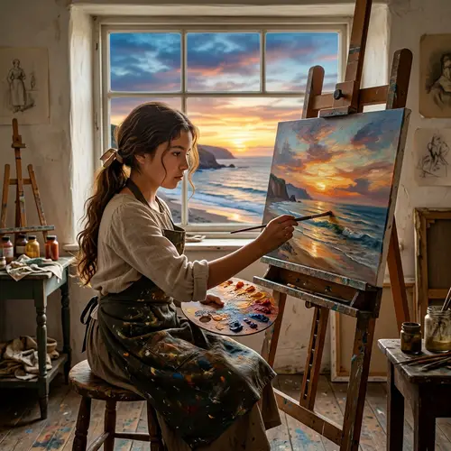 Hispanic Girl Painting in Romantic Style with Turner-Inspired View