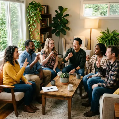 Diverse Group Using American Sign Language in Cozy Room