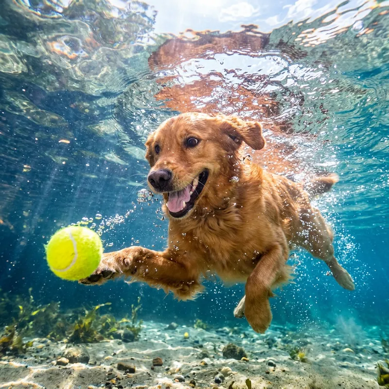 Joyful Dog Playing Underwater with Tennis Ball in Vibrant Colors