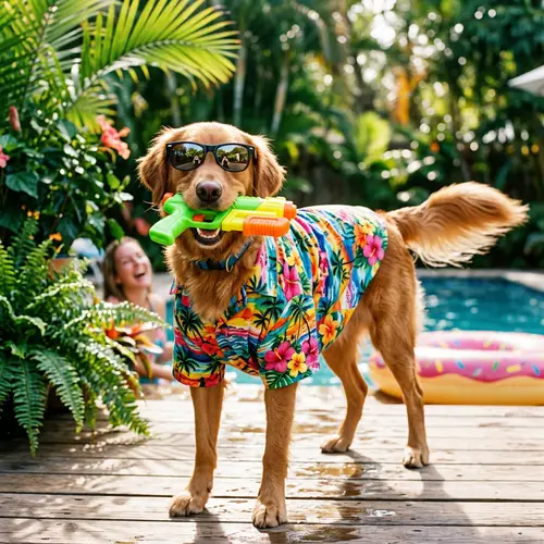 Colorful Hawaiian Shirt Dog with Water Gun | Summer Fun