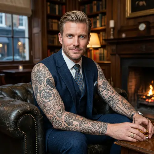 Blue-Eyed British Gentleman with Ideal Features and Intricate Tattoos