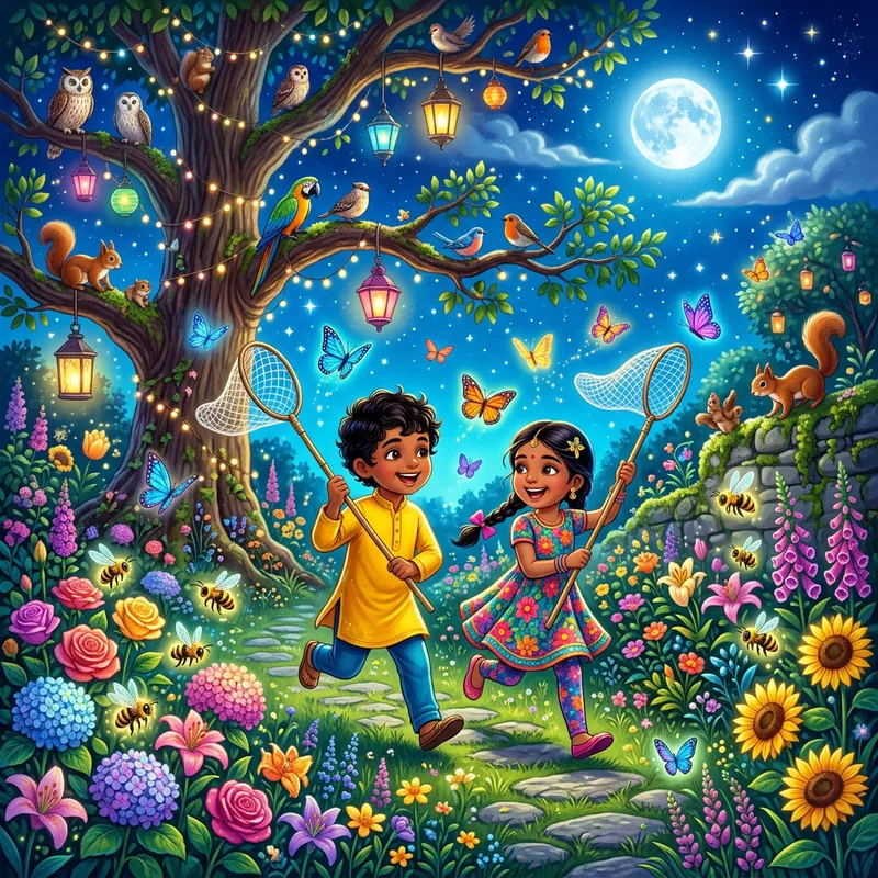 Multicolored Children's Garden Scene at Night - Playful Squirrels, Bees, Birds