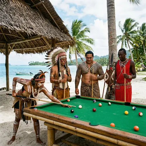 Multicultural Warriors Play Billiards on Tropical Island