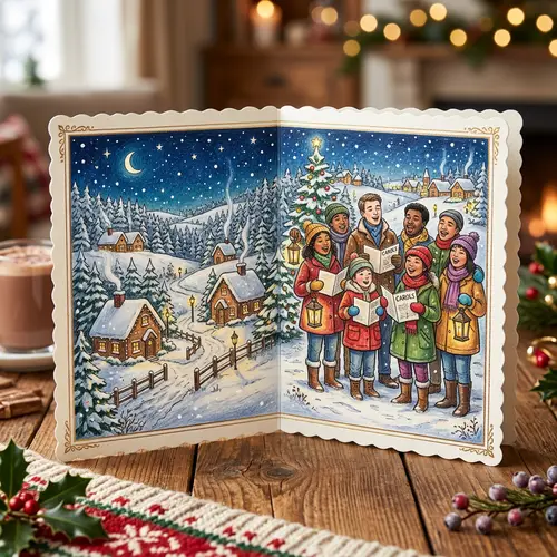 Festive Christmas Card with Winter Scene & Carolers