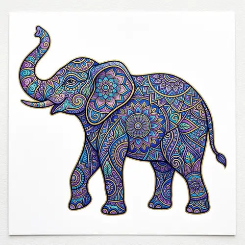 Intricate Mandala Elephant Design in Blues, Purples, and Golds