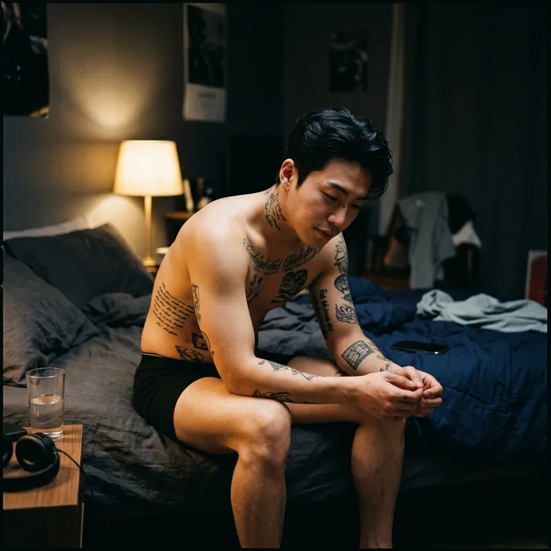 Korean Rapper in Dim Room: Bold and Edgy Vibes