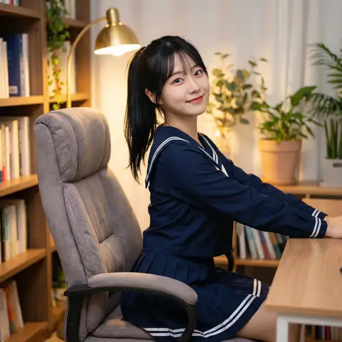 Pretty Korean Girl in Sailor Mini Skirt | Office Chair Photo