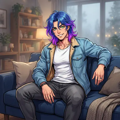 Celestial Anime Character with Blue Hair and Green Eyes