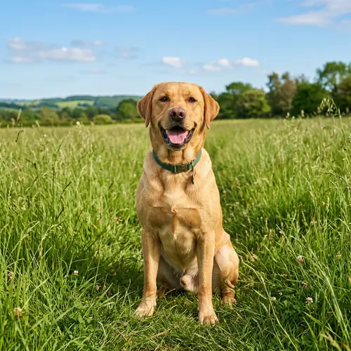 Adult Yellow Labrador Retriever Sitting in a Field | Company Name