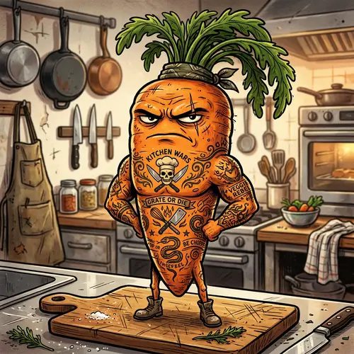 Tough and Tattooed Cartoon Carrot - Culinary Battle Persona
