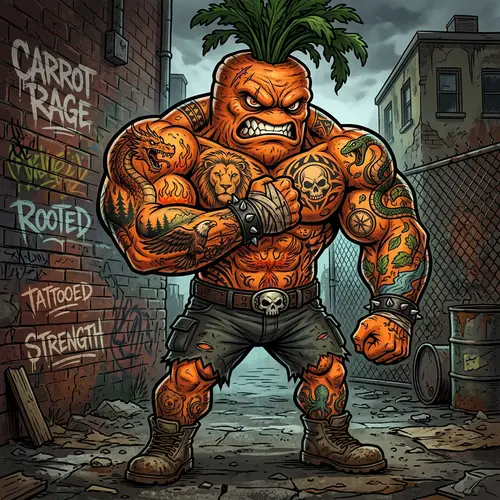 Muscular Tattooed Carrot: Fierce and Dominating Cartoon Character