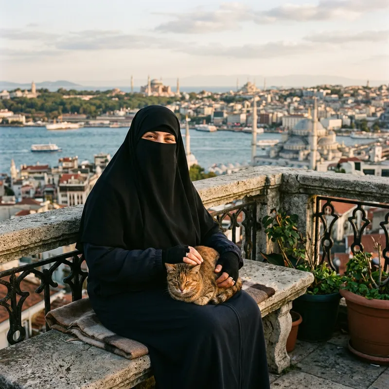 Muslim Woman in Niqab Petting Cat in Istanbul Front View