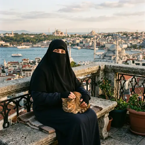Middle-Eastern Woman in Niqab Petting Cat in Istanbul