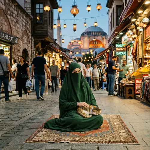 Muslim Woman in Green Niqab with Cat in Istanbul