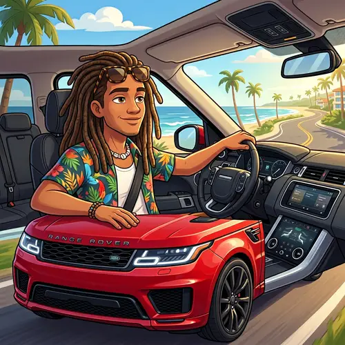 Light-Skinned Cartoon Guy in Red Range Rover Sport