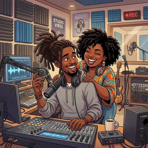 Cartoon Man with Dreadlocks in Recording Studio with Black Girlfriend