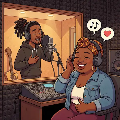 Cartoon Man with Dreadlocks in Recording Studio with Plus-Sized Black Girlfriend