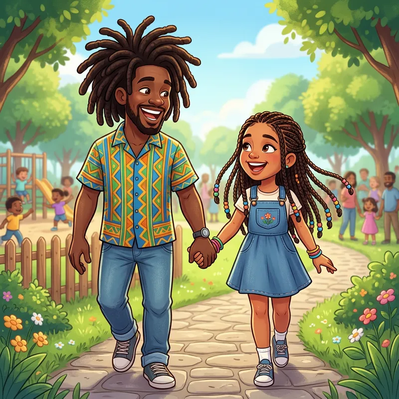 Unity and Friendship: Cartoon Characters with Dreadlocks and Braids Holding Hands