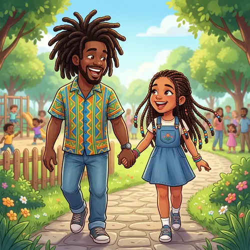 Cartoon Man with Dreadlocks and Girl with Braids Holding Hands