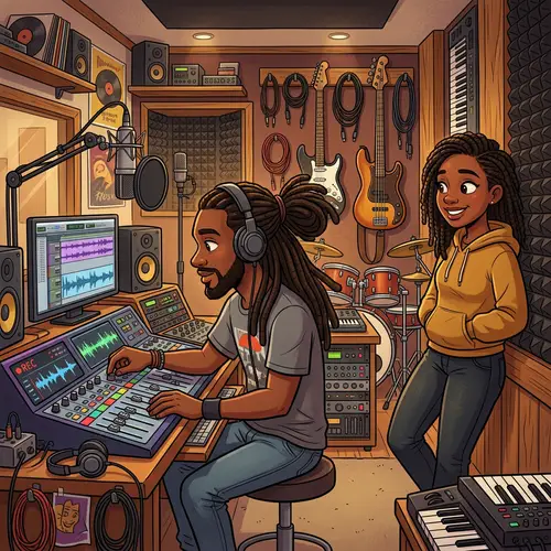 Cartoon Man with Dreadlocks in Recording Studio with Black Girlfriend