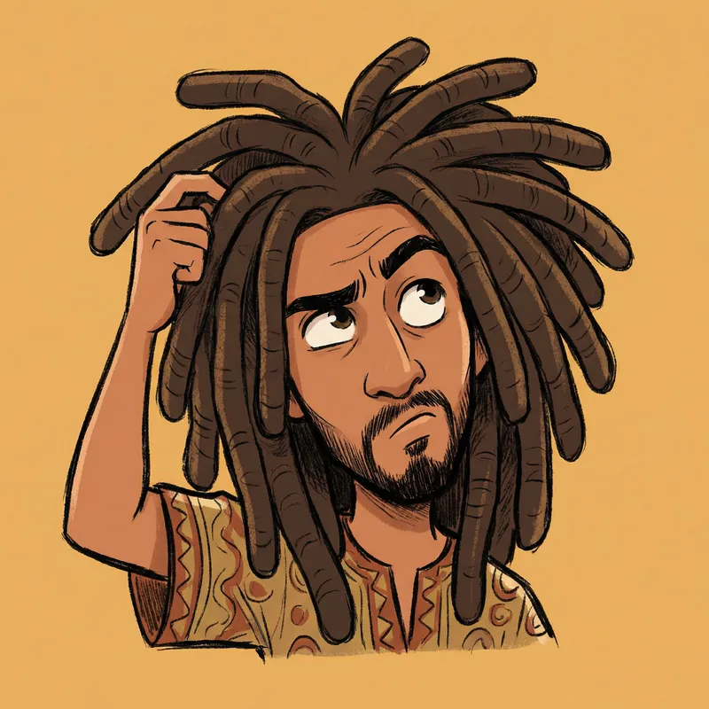 Cartoon Man with Dreadlocks Scratching Head | Curious Look