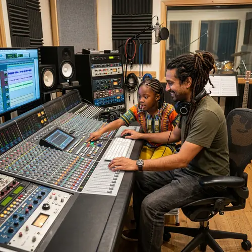 Dreadlocked Man in Recording Studio with Black Girl