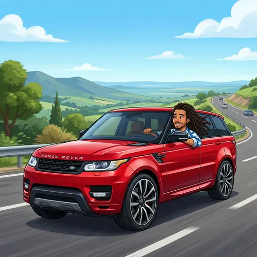 Light-Skinned Cartoon Guy in Red Range Rover Sport
