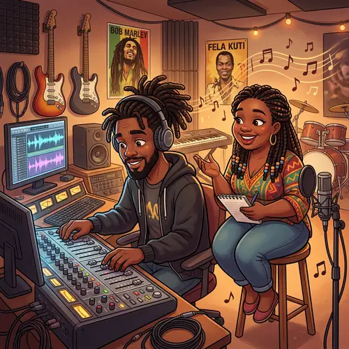 Cartoon Man with Dreadlocks in Recording Studio with Plus-Sized Black Girlfriend