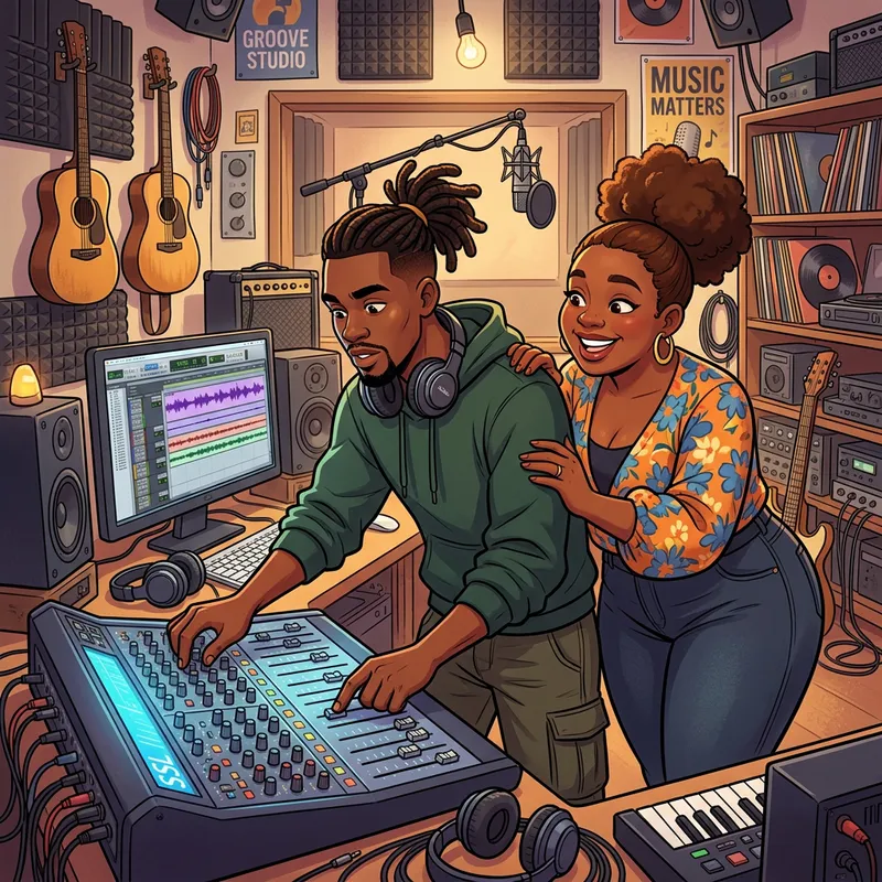 Cartoon Man with Dreadlocks in Recording Studio with Girlfriend