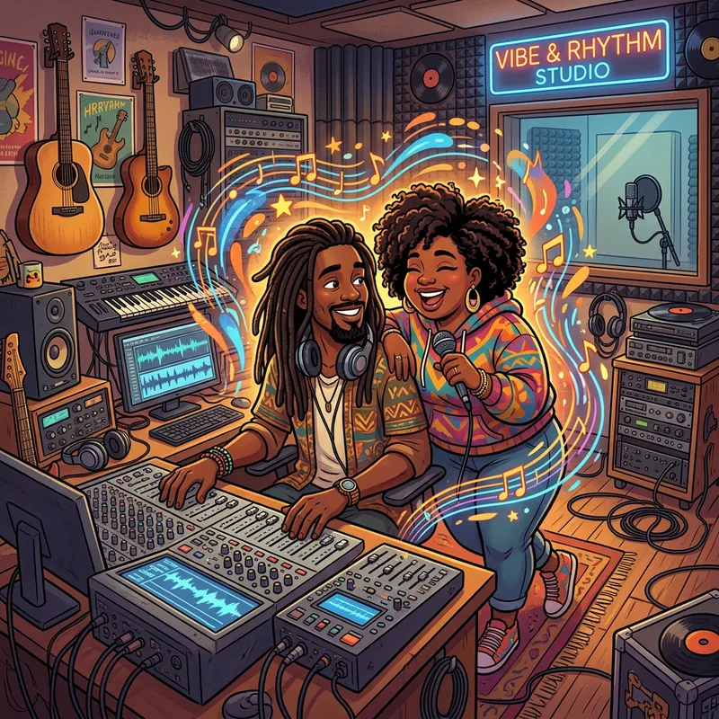 Cartoon Man with Dreadlocks in Vibrant Recording Studio Cartoon Man with Dreadlocks in Vibrant Recording Studio