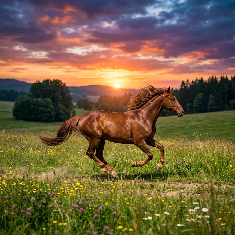 Majestic Brown Horse Galloping in Lush Green Meadow at Sunset