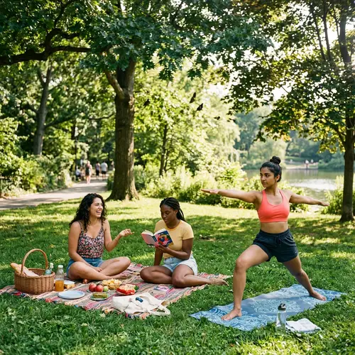 Diverse Women Enjoying Sunny Park: Shorts & Relaxation