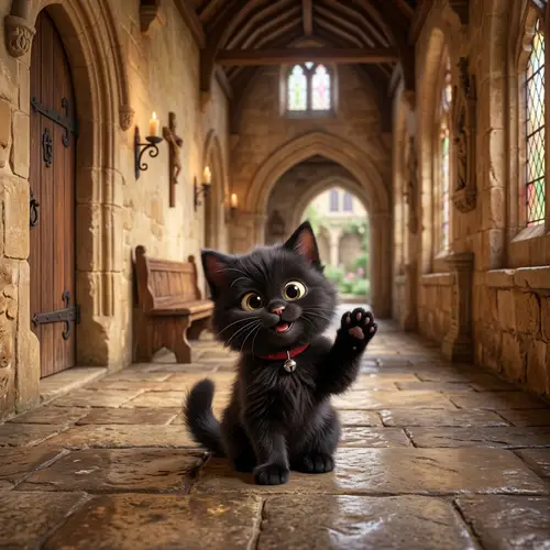 Pixar-Style Black Kitten Greeting in a Convent Hallway