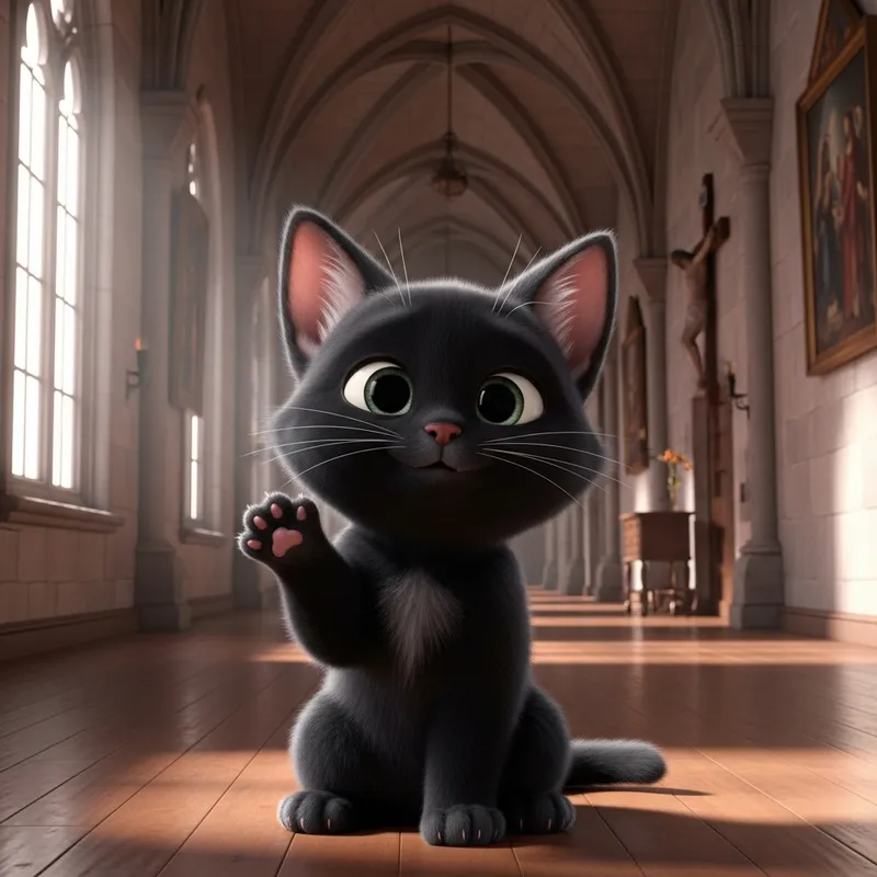Pixar-Style Black Kitten Greeting in a Convent Hallway