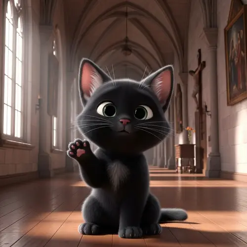 Pixar-Style Black Kitten Greeting in a Convent Hallway