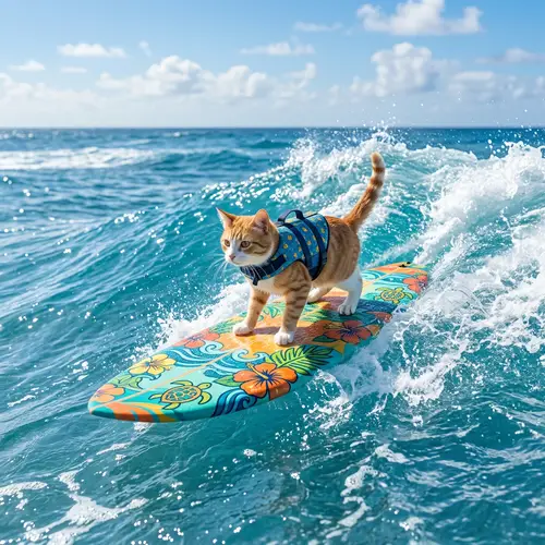 Cat Surfing on Wave: Effortless Balance in Sunny Ocean