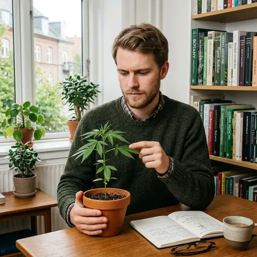 Young Caucasian Man Holding Plant with Serrated Leaves