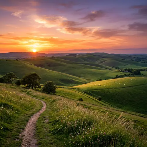 Tranquil Sunset Landscape with Rolling Hills