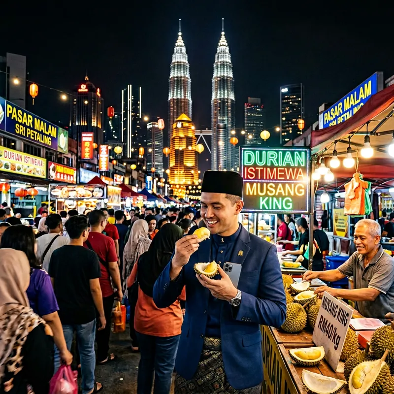 Elon Musk Enjoying Durian at Sri Petaling Night Market with KLCC Skyline