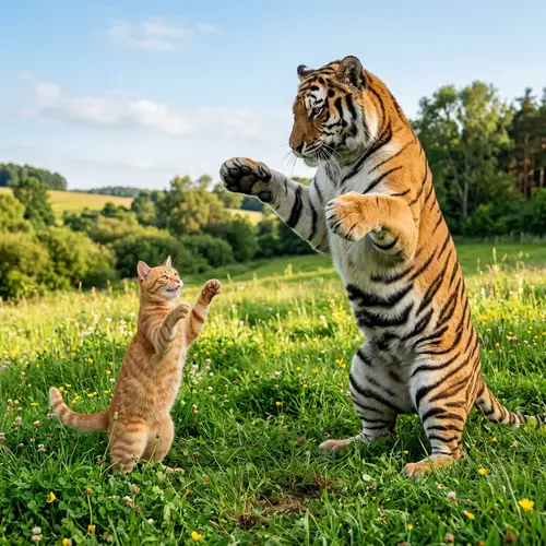 Tabby Cat Playing with Majestic Tiger | Serene Meadow Scene